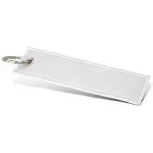 A woven key ring in white, featuring a circular metal attachment for keys. Simple and plain design.