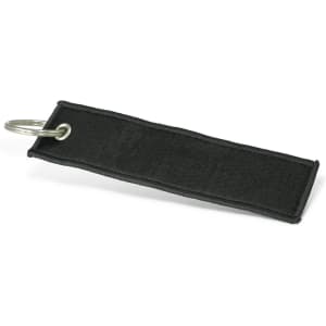 A black woven key ring with a metal ring attached for securing keys.