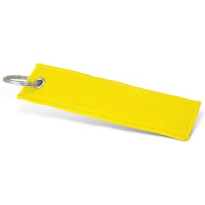 A yellow woven key ring with a metal ring attached, featuring a simple, flat design.