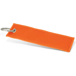 An orange woven key ring with a metal ring attachment. The fabric is smooth and rectangular.