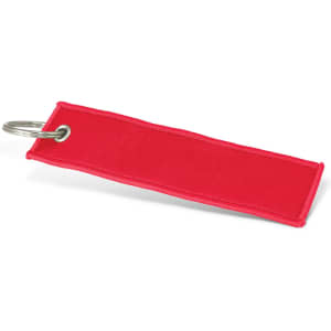 A red woven key ring featuring a metal keyring loop. The fabric is smooth with a simple design.