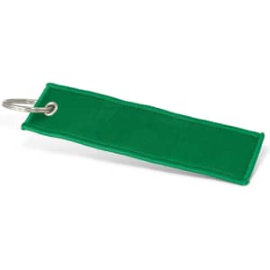A green woven key ring with a silver ring for attachment. The product has a simple, sleek design.