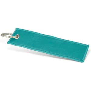 A woven key ring in a bright turquoise colour with a metal ring for attachment.
