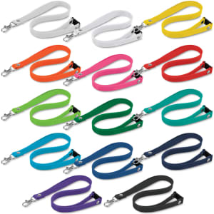 A collection of silicone lanyards in various colours, including white, yellow, pink, green, blue, and purple, featuring metal clips.