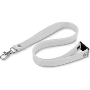 A white silicone lanyard with a metal clip and adjustable buckle, featuring a simple design.