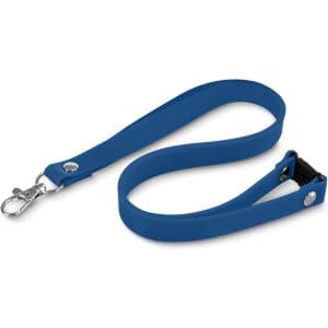 A blue silicone lanyard with a metal clip and a buckle for attachment. Features a smooth, flexible design.