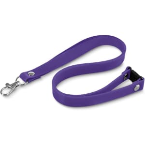 A purple silicone lanyard with a clip and a detachable buckle. It has a smooth, flexible design.