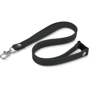 A black silicone lanyard with a clip and fastener, featuring a simple and durable design.
