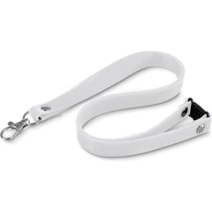 A white silicone lanyard with a clip and an adjustable buckle, featuring a simple design.