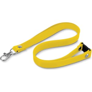 A yellow silicone lanyard with a clip and a soft, flexible strap; features a logo on the clip.