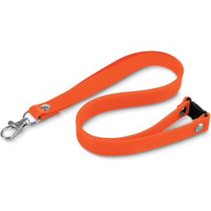An orange silicone lanyard with a metal clip and a secure fastener.