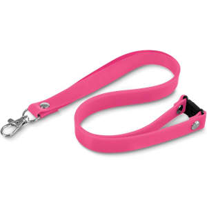 A pink silicone lanyard with a clip and a buckle for securing items. It has a smooth, flexible design.