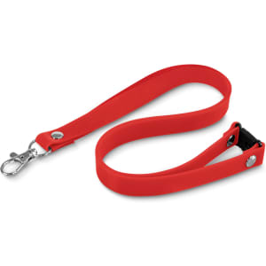 A red silicone lanyard with a clip and adjustable strap, featuring a fastening mechanism.