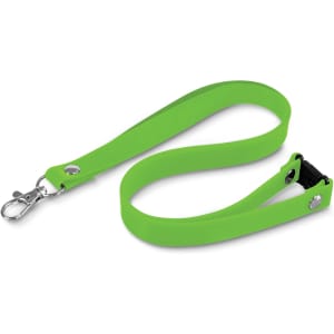 A bright green silicone lanyard with a clip and adjustable mechanism, featuring a logo.