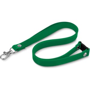 A green silicone lanyard with a metal clip and a secure fastening mechanism.