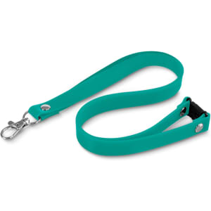 A teal silicone lanyard with a clip attachment and a snap buckle.