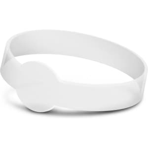 A white silicone wristband with a debossed section and a seamless design. It features a logo.