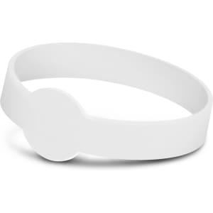 A white silicone wristband with a debossed circular feature, designed for exhibitions and events.