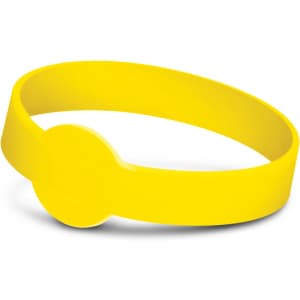 A yellow silicone wristband with a debossed design, featuring a circular emblem at the centre.