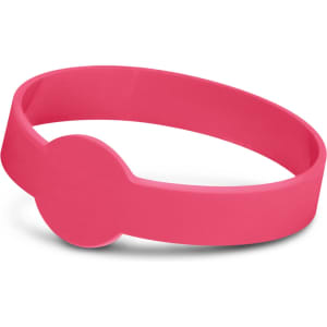 A pink silicone wristband with a debossed design and a rounded feature. It includes a logo.