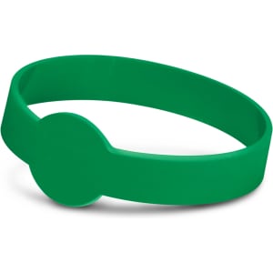 A green silicone wristband with a circular feature, designed for events and exhibitions.