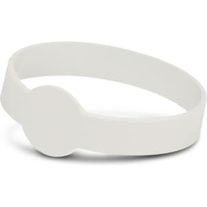 A glow-in-the-dark silicone wristband in white, featuring a circular design element and a smooth finish.