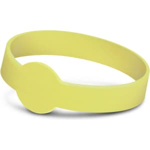 A glow-in-the-dark silicone wristband in bright yellow, featuring a circular embellishment.