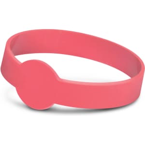 A pink silicone wristband with a circular feature, ideal for exhibitions and events. It has a branding logo.
