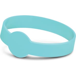A turquoise silicone wristband with a circular feature, designed for glow in the dark effects.