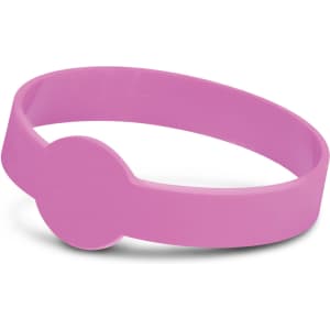 A pink glow-in-the-dark silicone wristband with a circular design. It has a logo present.
