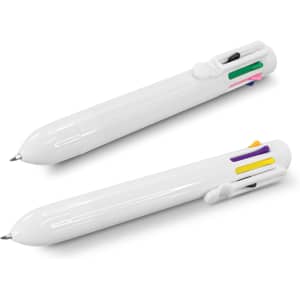 A set of two white plastic pens featuring multiple ink colours: green, pink, yellow, blue, and purple. Each pen has a logo.