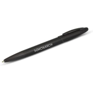 A metal pen in black featuring a logo, designed for writing.
