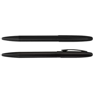 A set of black metal pens featuring a sleek design and a clip. One pen is capped while the other is open.