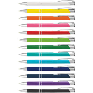 A range of metal pens in various colours, including white, yellow, orange, pink, green, blue, purple, and black.