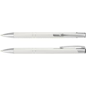 A metal pen set in white with silver accents, featuring a sleek design and a clip. Logo present on the pen.