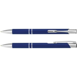 A blue metal pen with silver accents, featuring a logo and a sleek design. Two pens are displayed, one capped and one uncapped.