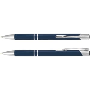 A navy blue metal pen with silver accents, featuring a logo and a sleek, professional design.
