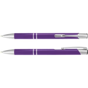 A purple metal pen with silver accents, featuring a sleek design and a branded logo.