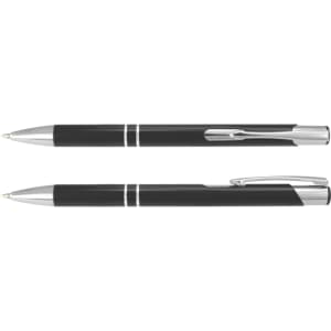 A pair of black metal pens with chrome accents, featuring clips and a sleek design. Each pen has a logo.