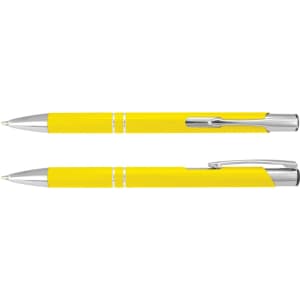 A bright yellow metal pen with silver accents, showcasing a sleek design and a clip for easy attachment.