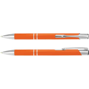 An orange metal pen with silver accents, featuring a sleek design and a clip for easy attachment.