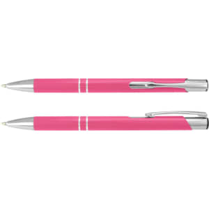 A pink metal pen with silver accents, featuring a sleek design and a clip for easy attachment.