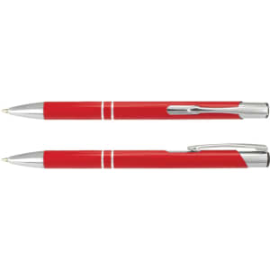 A metal pen in bright red with silver accents, featuring a logo on its body.
