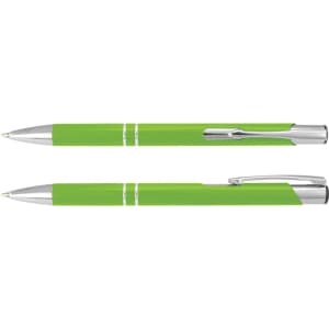 A green metal pen with silver accents, featuring a smooth finish and a clip for easy attachment.
