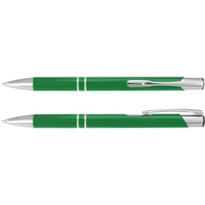 A green metal pen with silver accents, featuring a sleek design and a logo on its surface.