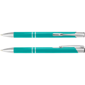 A metal pen in teal with silver accents, featuring a logo on the barrel.