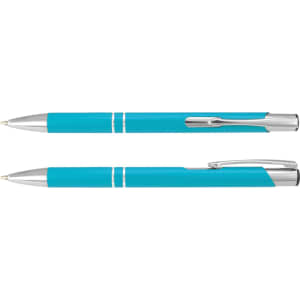 A turquoise metal pen with silver accents, displayed from multiple angles. The pen features a clip and decorative lines.