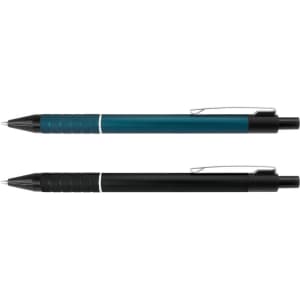 A metal pen set featuring a teal pen and a black pen with textured grips and clips, both with branding.