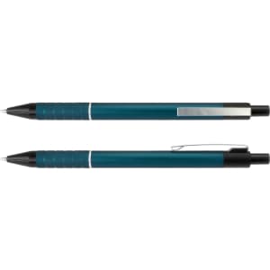 A metal pen featuring a teal body with a textured grip and black accents. It has a silver clip and branding.