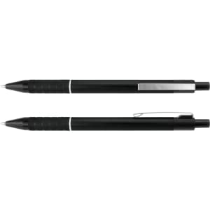 A black metal pen featuring a textured grip and a pocket clip, with a sleek design and silver detailing.